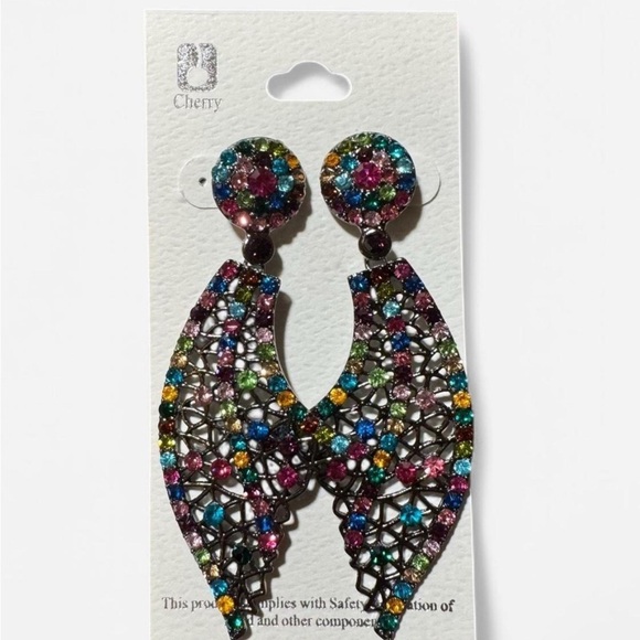 Large Sparkly Earrings with Gemstone Mosaic - Picture 2 of 2